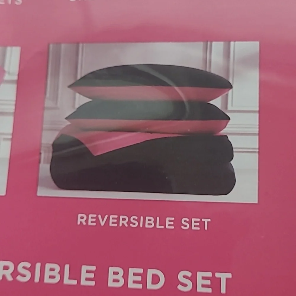 Juicy Couture Pink and Black Reversible Comforter Set - Queen